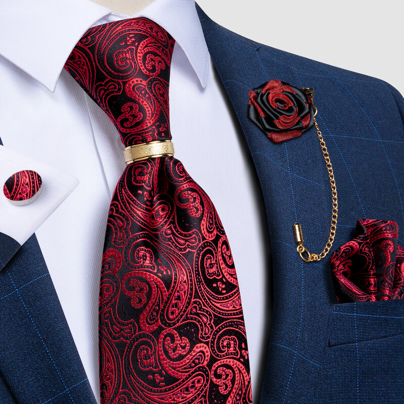 DiBanGu-Red Paisley Black Tie para homens, acessórios de casamento, gravata no pescoço, lenço, abotoaduras de lapela, presente de luxo