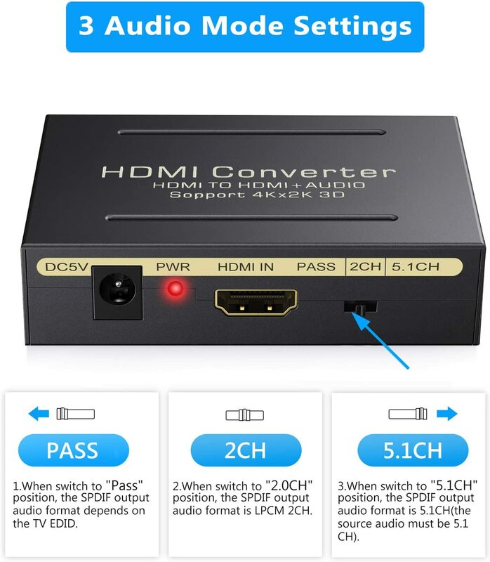 Extrator de áudio hdmi 5.1, 4k, compatível com hdmi, divisor hd para áudio, ótico toslink spdif