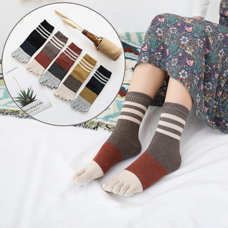 Calcetines de algodón con cinco dedos para mujer, medias con rayas, estilo Harajuku, Hipster, Kawaii, divertido