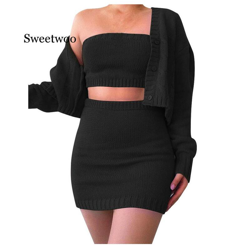 3 piece set women set outfits suit Fashion Women's Solid Color Knit Suit Dew Navel Sexy Casual Three-Piece