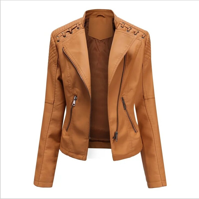 Куртка женская кожаная на молнии, модный приталенный жакет, короткая мотоциклетная куртка, весна-осень