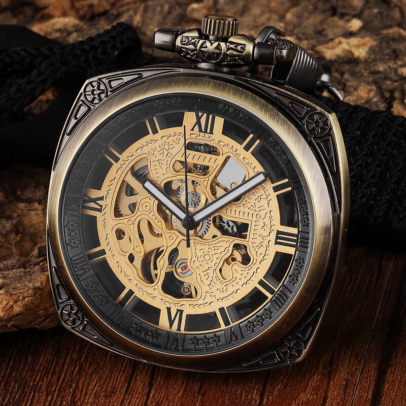 Винтажные часы-брелок, стальные Механические карманные часы с квадратным циферблатом в стиле ретро, мужские часы-скелетоны с отверстиями в стиле стимпанк, Подвесные часы для женщин и мужчин