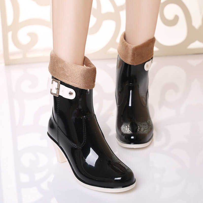 Hak Tinggi Wanita Sepatu Bot Hujan Wellington Perempuan Sepatu Hujan Wanita dengan Hangat Liner