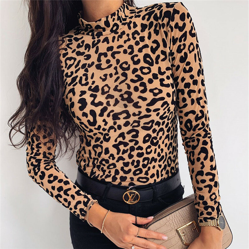 Mujeres Otoño Invierno superior estampado de leopardo básica camiseta elegante manga larga Camiseta cuello tortuga mujer señoras camiseta Streetwear