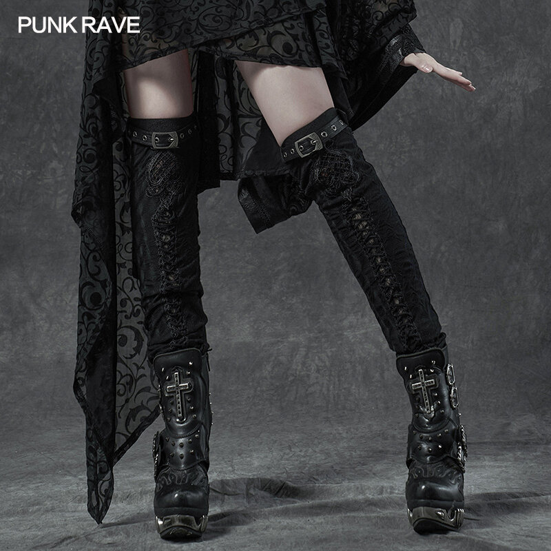 PUNK RAVE-calentador de piernas bordado delicado gótico para mujer, manga elástica, tejido diario, rodilla