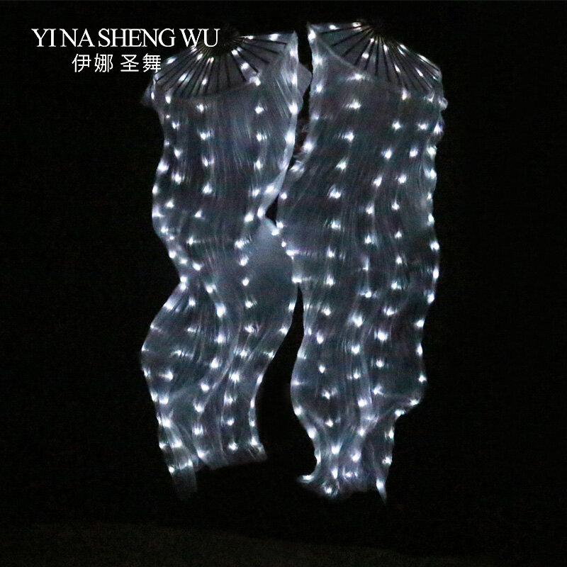 Abanicos largos LED de seda para danza del vientre, accesorios de rendimiento para danza china, arcoíris, 1 par con pilas, 100%