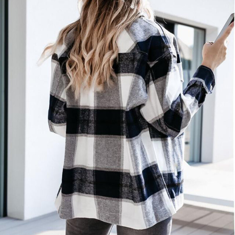 Shirts Für Frauen Plaid Lange Sleeve Button Up Hemd Kragen Tops Und Bluse 2020 Herbst Winter Mode Lose Beiläufige Schwarz weiß