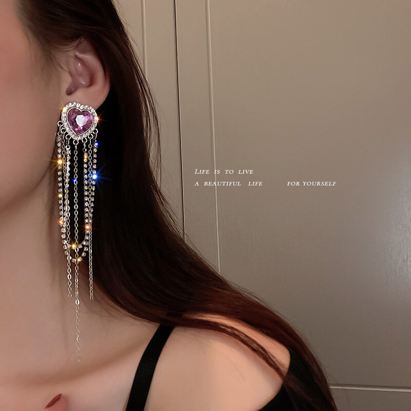 Sweet Purple Love Long Tassel Earrings For Women  Shiny Romantic Silver Needle Party Jewelry Accessories