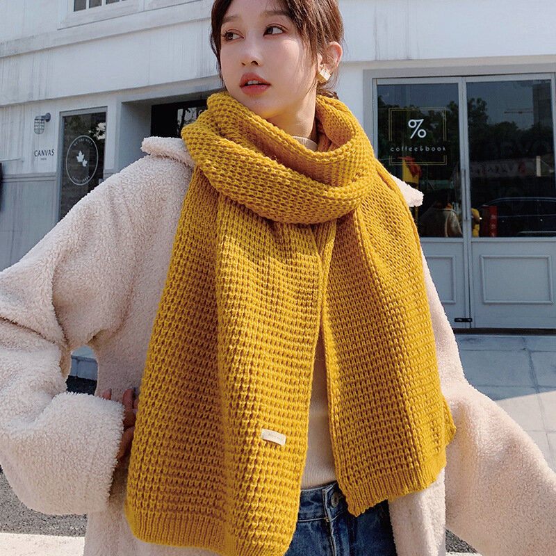 Осень-зима 2021, теплый длинный вязаный шарф, однотонные вязаные шерстяные толстые шарфы в японском и южнокорейском стиле