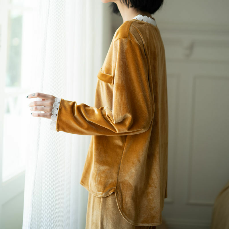 Ấm Cúng Nhung Bộ Đồ Ngủ Cho Nữ Thu Đông Màu Trơn Dài Tay Nhà Quần Áo Ngủ Nữ Rời Pyjamas