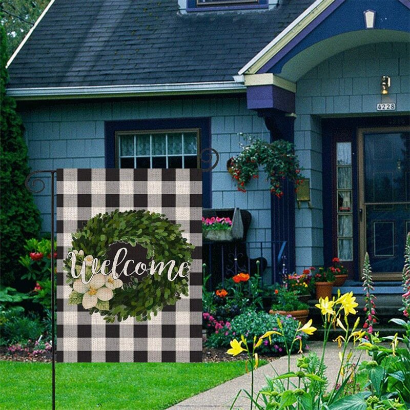 Bem-vindo bandeira do jardim, dupla face pequena bandeira do jardim vertical grinalda xadrez bandeira de serapilheira para a festa ao ar livre quintal decoração de casa
