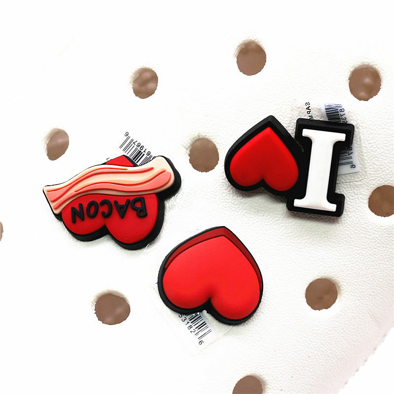 Drop shipping Heart-shaped Shoe Charms Accessories Red Heart Bacon PVC Sandals Buckle Decoration fit Bracelet Party Kids Gifts