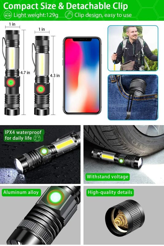 Flashlight Super Bright LED Torch USB Rechargeable Magnetic Zoomable With Cob Side light LED use 18650 battery