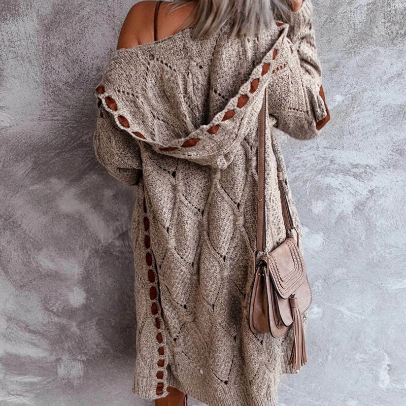 Spring Autumn Acrylic Women's Sweater Hooded Long Sleeve Cardigan Knitted Loose Patchwork Solid Fashion Streetwear Sweater