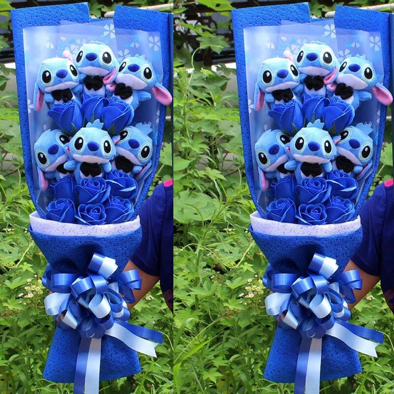 Drop Verschiffen Cartoon Lilo Stich Plüsch Puppe Spielzeug Rose Bouquet Geschenk Box Stich Plüsch Bouquet mit Gefälschte Blume Hochzeit Partei geschenk