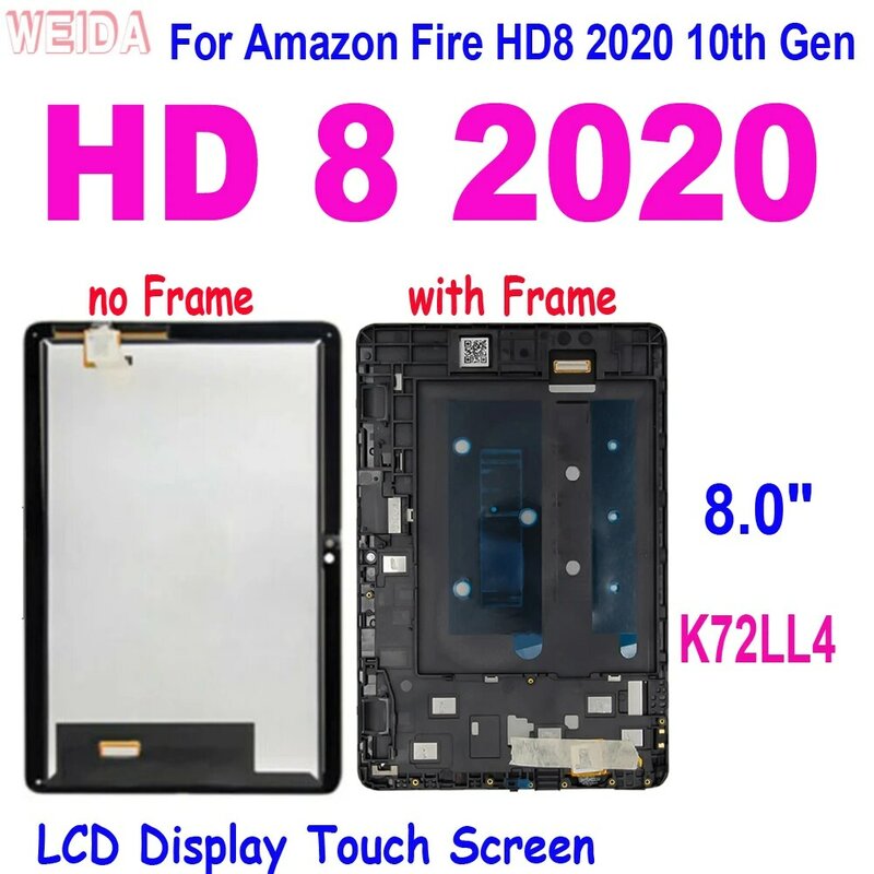 Cadre d'assemblage de Hébergements eur d'écran tactile d'affichage à cristaux liquides, AAA +, 8.0 ", compatible avec Amazon Fire HD8, 202010th, Isabel HD 8, 2020, K72LL4