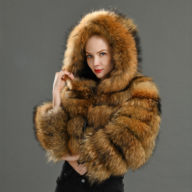 럭셔리 진품 너구리 모피 코트 및 모피 후드 재킷, 짧은 스타일 패션, 여성 겨울, 두껍고 따뜻한 정품 모피 겉옷