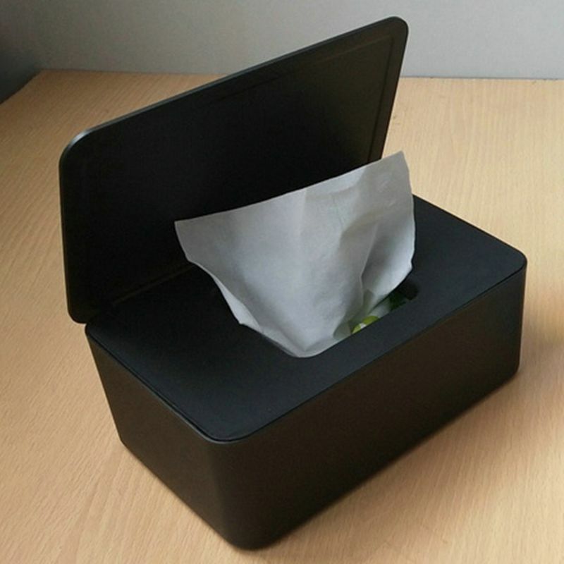 Soporte dispensador de toallitas húmedas PP negro con tapa, caja de almacenamiento de pañuelos a prueba de polvo para el hogar y la Oficina