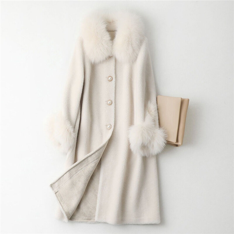 Aorice A19003 Lady Real Wool Sheep Shearing Fur Coat Women Fox Collar Winter Warm Genuine Fur Coat Winter Warm Coat
