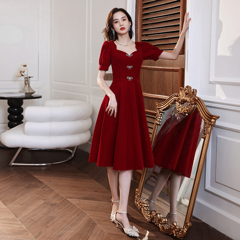 Burgundy French Dress Women Elegant Puff Sleeve Slim Party Dresses Bow Suede A Line Simple Birthday Prom Gowns Vestidos