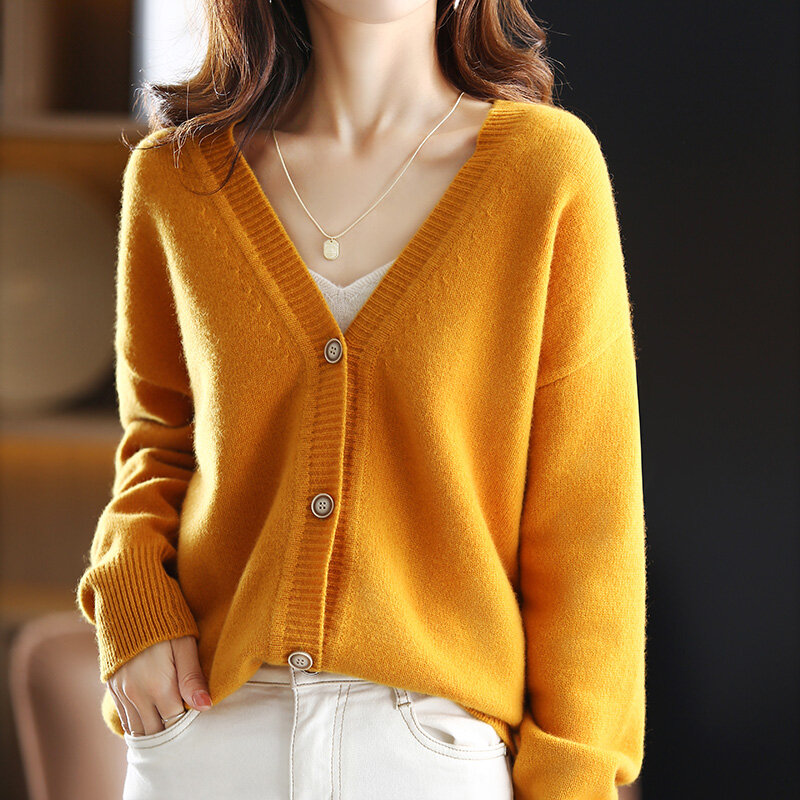 Suéter de lana pura para mujer, chaqueta de manga larga de punto con cuello en V, Color sólido, versión coreana, nueva