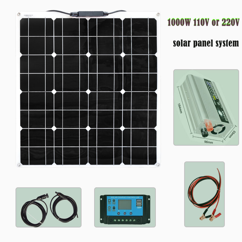 BOGUANG 110V 220V Flexible Solar Panel 50W con 1000W Inversor 12v 10A Controlador kit de sistema para la Casa de la granja de iluminación Módulo de energía Granja, casa, coche, barco, suministro de energía verde