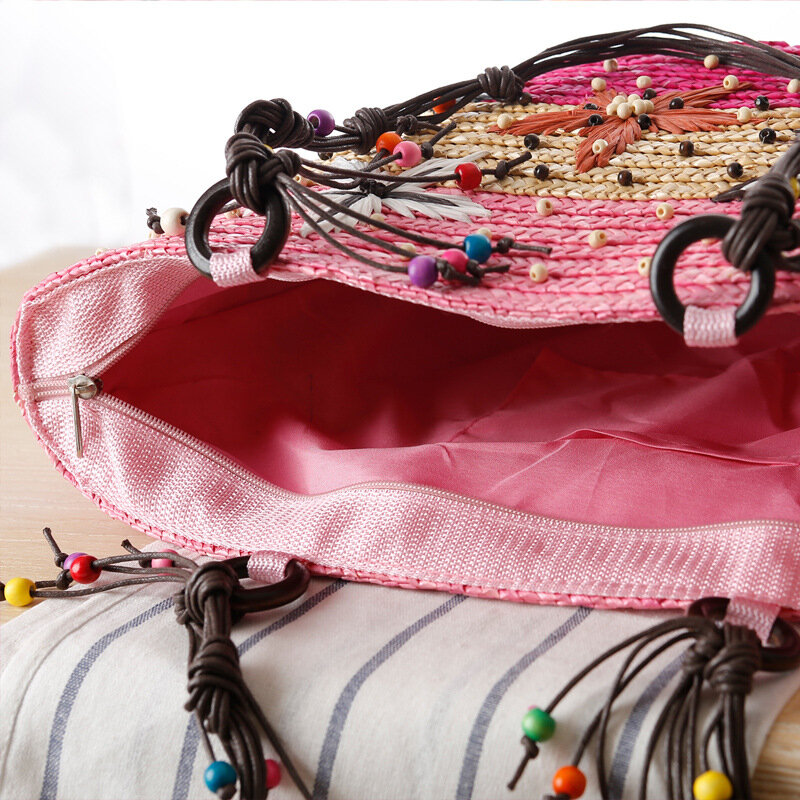 Borsa da spiaggia in paglia da donna borsa a tracolla intrecciata in rilievo fatta a mano Vintage estiva borsa da viaggio Casual con stelle marine ricamate bohemien