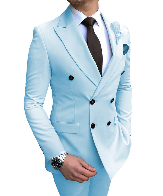 Traje de dos piezas para hombre, esmoquin informal plano con solapa de doble botonadura para boda (Blazer + Pantalones)