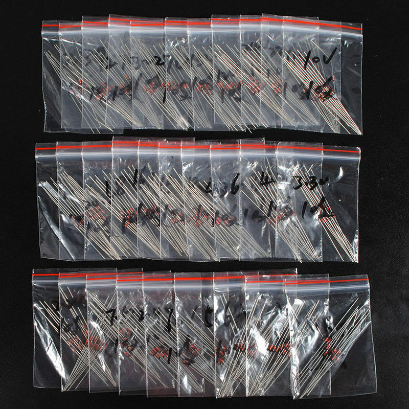 Kit de surtido de diodos Zener, paquete de diodos Zener de 270 W, 1/2W, 2V4-33V, 12V, 18V, 5V1, 5V6, 3V3, 3V6, 4V3, 4V7, 6V2, 6V8, 7V5, 20V, 22V, 0,5 unidades por lote