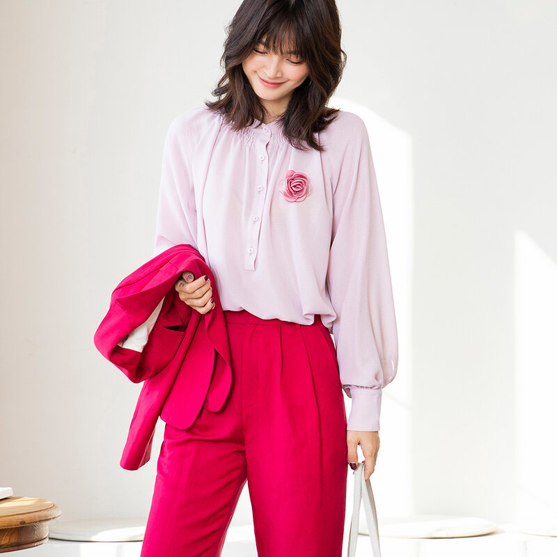 Женская шифоновая блузка, элегантная плиссированная рубашка с длинным рукавом-фонариком, белого, розового, синего цветов, для офиса, для весны, 2020