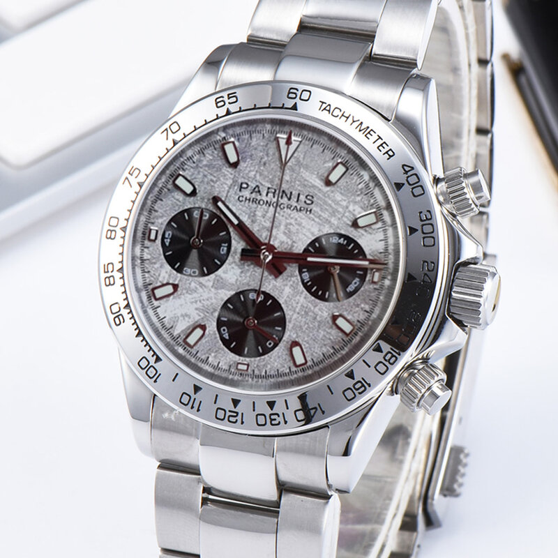 Nova chegada parnis 39mm prata caso quartz chronograph relógio de vidro safira pulseira aço inoxidável relógios masculinos topo marca luxo