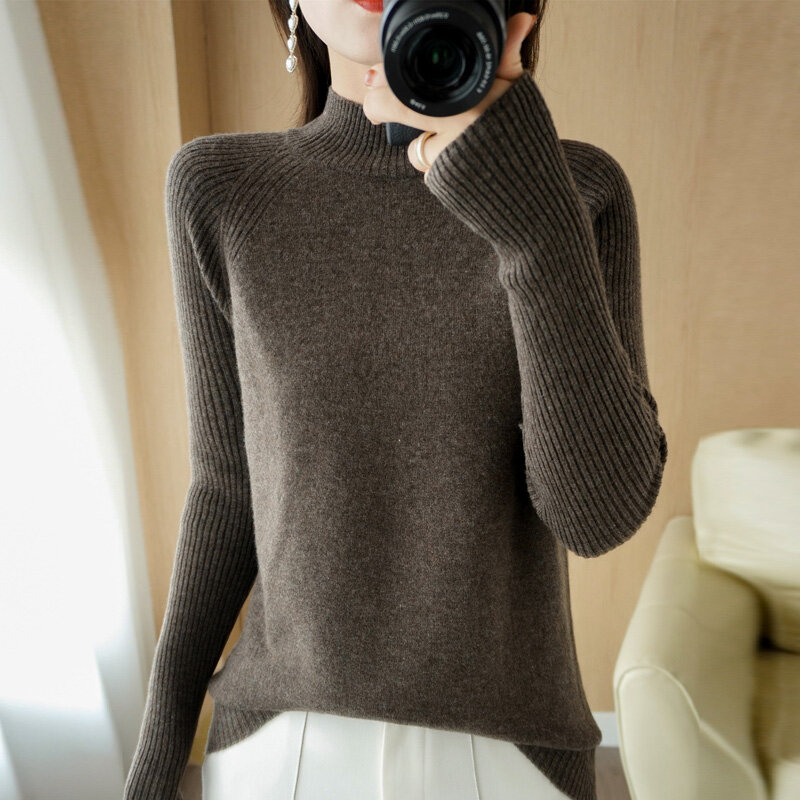Sweter Wol Rajutan Leher Setengah Tinggi Baru Musim Gugur Musim Dingin Kaus Bottoming Serbaguna Multi-warna Segar Wanita Ukuran Besar Bagian Dalam