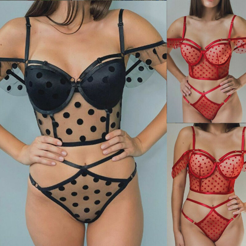 Vrouwen Sexy Lingerie Kant Babydoll G-string Stippen Ondergoed Nachtkleding Nachtkleding Set