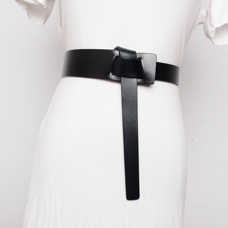 Wide Belt Women Shirt Decoration Overcoat Waistband With Skirt Sweater Black Leather And Simple Genuine leather