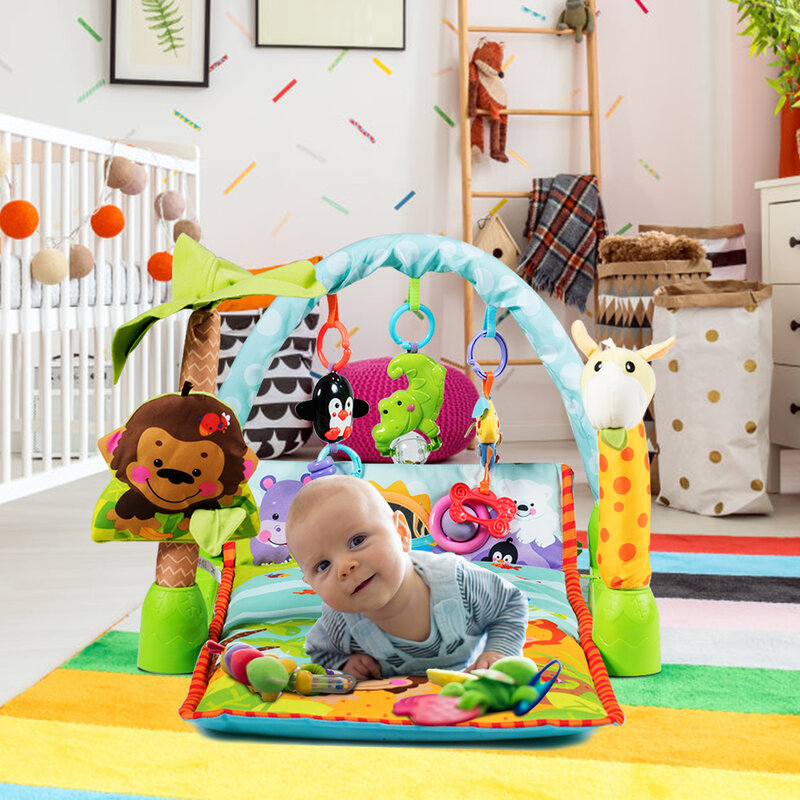 Tapis d'activité 4 en 1 pour bébé, tapis de maison, Center d'activité avec 3 jouets éducatifs suspendus
