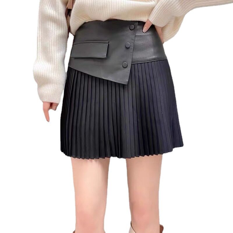 Falda de piel de cordero para mujer, Falda plisada de cintura alta, de cuero genuino de oveja, de talla grande, empalme gótico por encima de la rodilla, novedad de 2021
