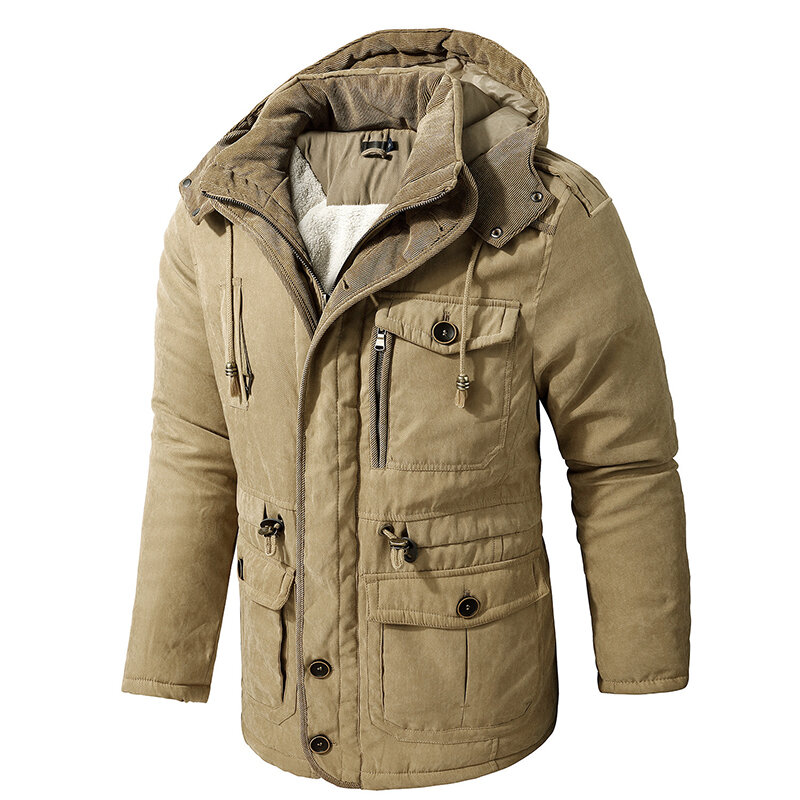 Men Winter Hooded Thick Fleece Cashere Cotton Parkas Cargo Jacket Hat Detachable Outwear Coat Male Outdoor Military Loose Parka