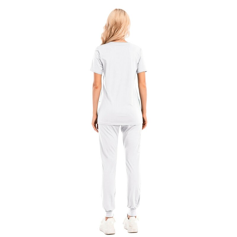 Conjunto de uniforme de enfermera elástico para hombres y mujeres, Tops de manga corta con cuello en V y pantalones, traje de trabajo de enfermería, L * 5