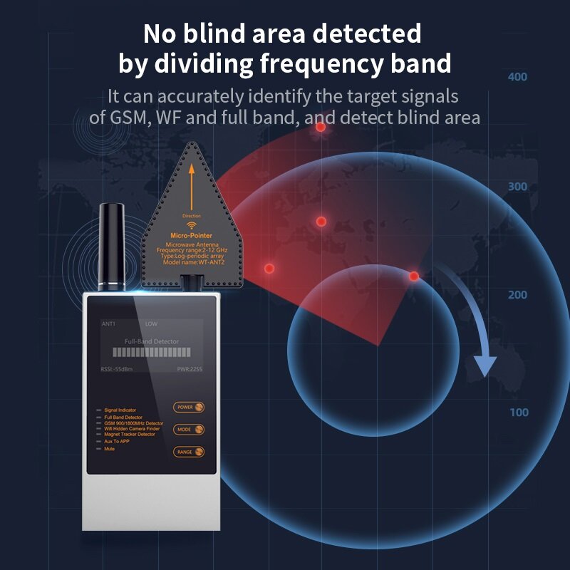Rilevatore di Bug Anti spia originale WT10 segnale RF telecamera nascosta spia Wifi telecamera GSM segnale sonoro GPS Tracker spia Wiretap Finder