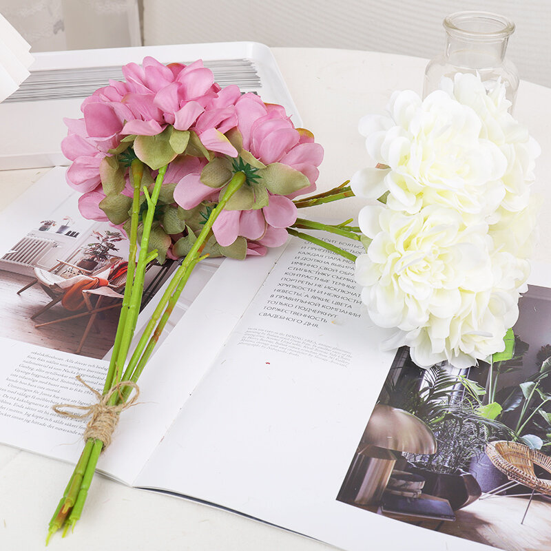 Ramo de flores artificiales de seda rosa para boda, ramo de peonías para decoración del hogar, bricolaje, flores falsas baratas, artesanías de hortensia, 5 piezas
