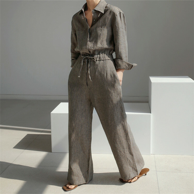 IHOBBY-Mono de pierna ancha de lino y algodón para mujer, traje de una pieza con cuello de etiqueta de cintura con cordones, manga larga, Verano