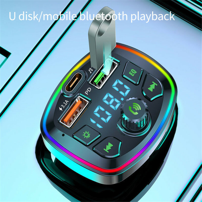 Xe Hơi Bluetooth 5.0 Sạc Máy Phát FM PD 18W Loại-C Dual USB 4.2A Nhiều Màu Sắc Ánh Sáng Môi Trường Xung Quanh Lửa MP3 Nghe Nhạc