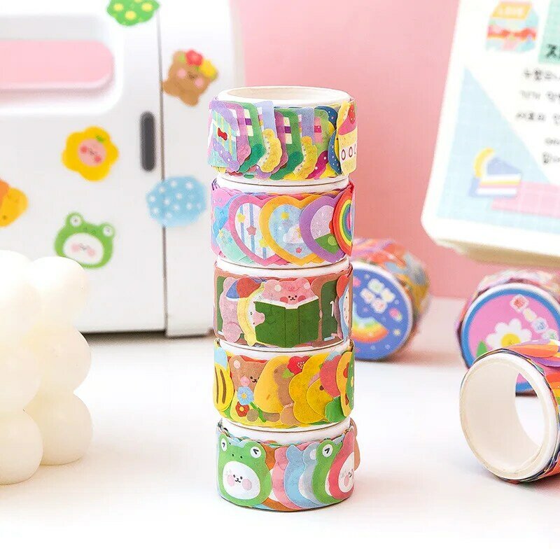 Cinta adhesiva de papel Washi para álbum de recortes, cinta adhesiva de pastel de arcoíris de animales de dibujos animados coloridos, diario de arte artesanal, DIY, 100 Uds.
