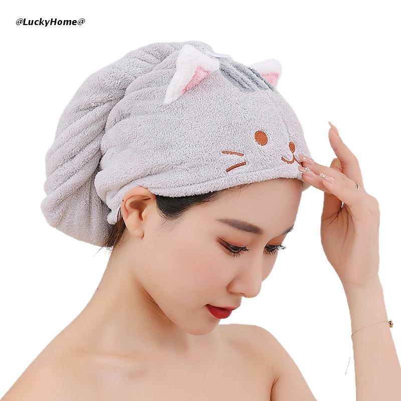 Coral Velvet Hair Towel Turban Wrap Quick Dry Shower Hat with Button Cute Cat Microfiber Super Absorbent Bath