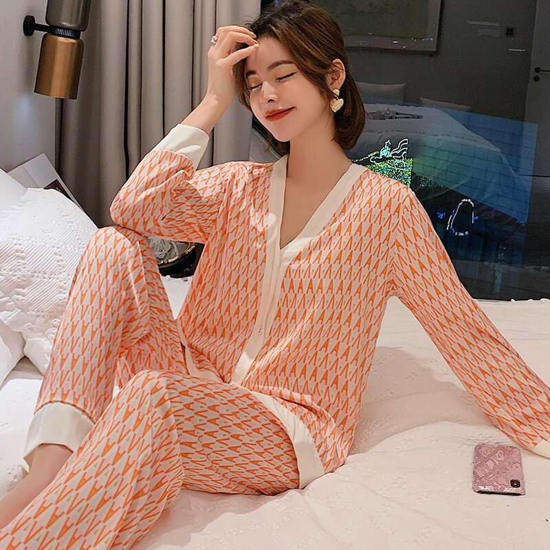 Terno de pijama feminino de cetim com estampa, camisola casual, 2 peças, decote em v, lingerie íntima, camisola confortável, roupa de casa