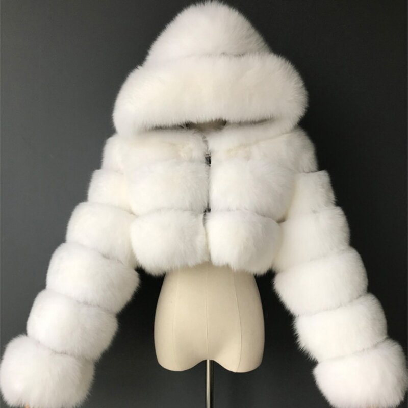 Damska zimowa puszysta futrzana bluza z długim rękawem z kapturem cała na zamek jednokolorowa krótka krótka kurtka luksusowa ciepła odzież wierzchnia S-2XL
