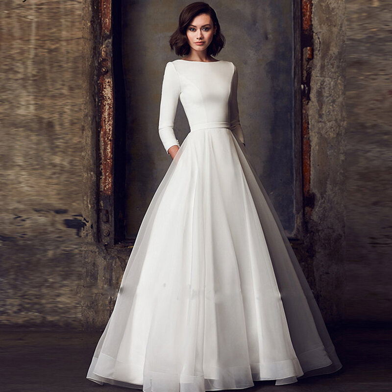 Elegant Satin Wedding Dresses For Women 2021 White Three Quater Sleeves A-Line Pockets Vintage Bride Dress Simple Robe De Mariee