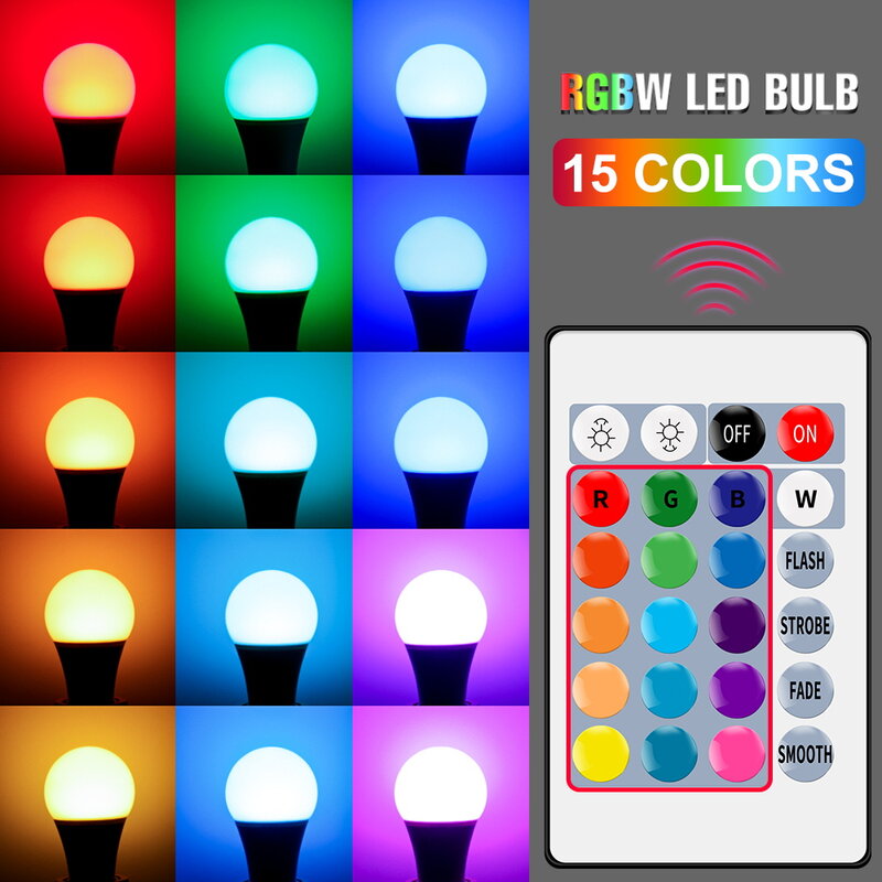 Lâmpada RGB regulável com controle remoto IR, lâmpadas mágicas, lâmpada LED colorida, decoração de casa, E27, 16 cores, 220V, 5W, 10W, 15W, 2835 SMD