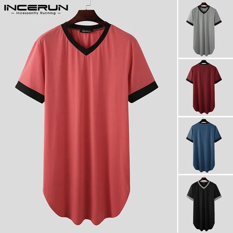 Ночная сорочка INCERUN мужская с коротким рукавом и V-образным вырезом, удобная домашняя одежда в стиле пэчворк, халат свободного покроя, S-5XL