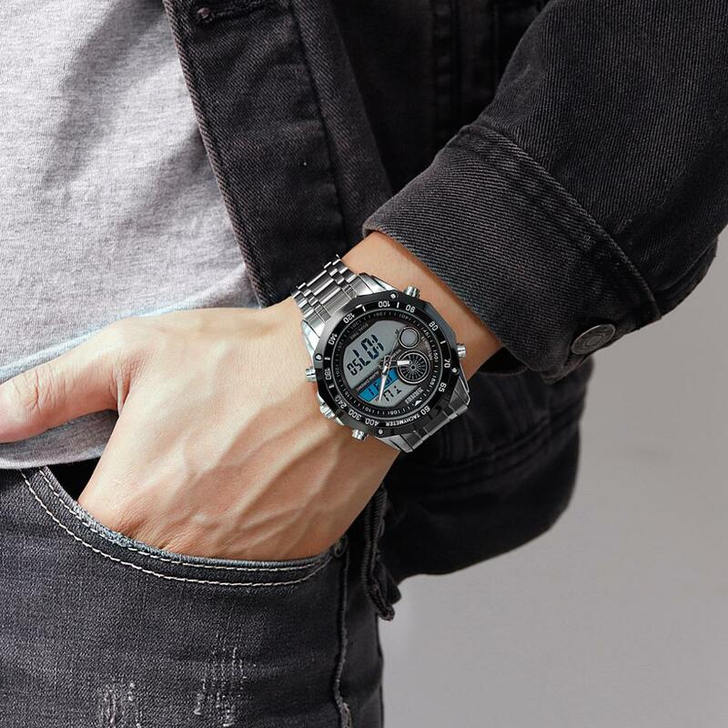 Skmei display duplo masculino relógios digital ponteiro luminoso à prova dwaterproof água esporte relógios para o homem pulseira de aço inoxidável reloj hombre 1494